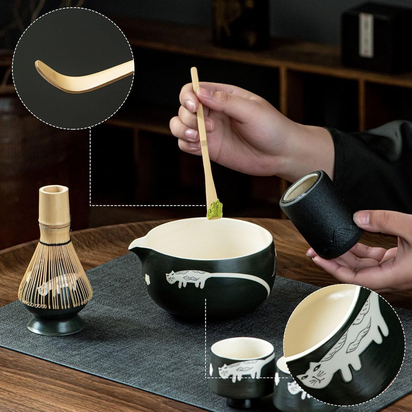 Unique Cat Matcha Tea Set, Matcha Bowl with Spout, 2 Cups, Bamboo Whisk, Chasen Holder & Scoop, 6 Pcs Matcha Set for Tea Ceremony & Unique Gift for Matcha Lover