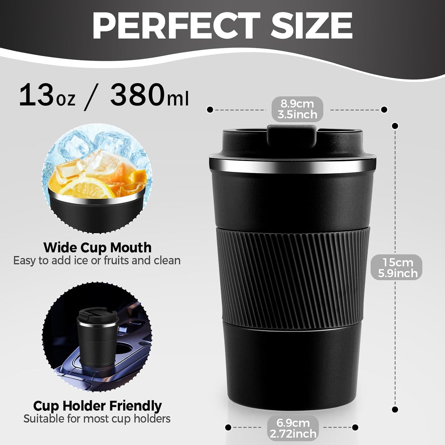 Volhoply 13 oz Stainless Steel Insulated Travel Coffee Mug with Fip Lid,Reusable Double Wall Vacuum Metal Coffee Cup,Portable to Go Leak Proof Cafe Thermal Tumbler for Hot & Cold Drinks(Black,1)