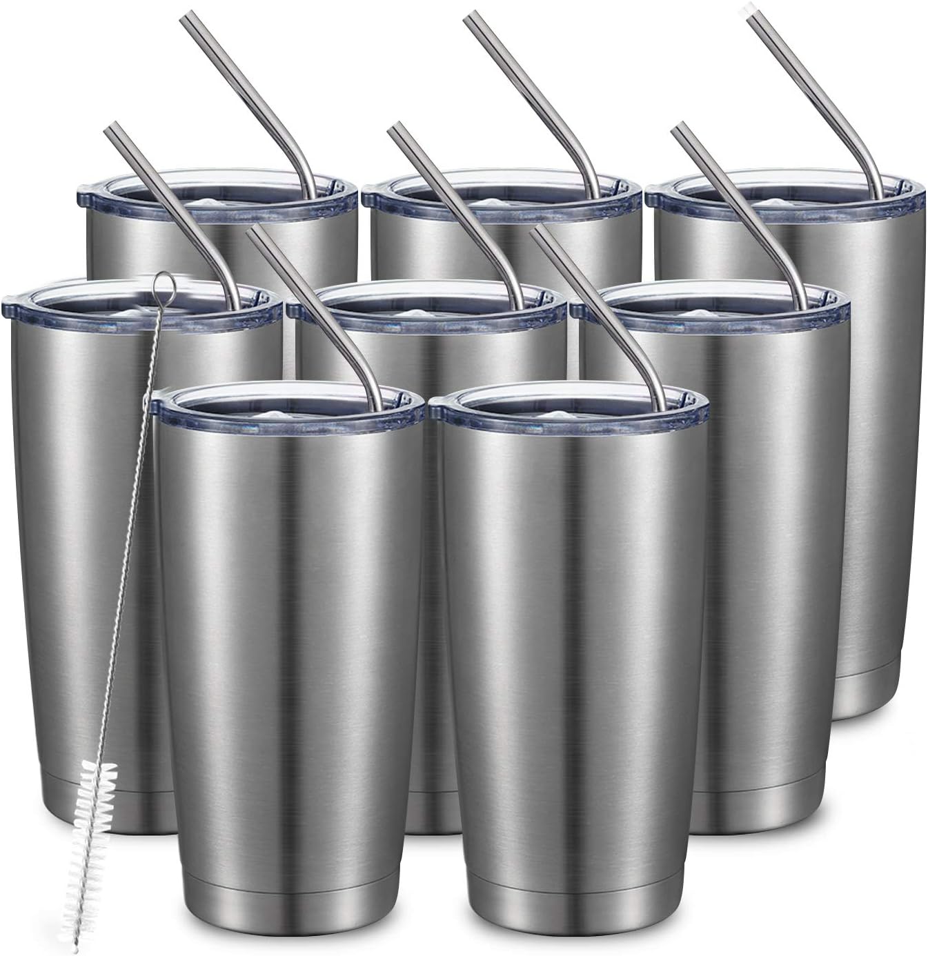 COMOOO 20oz Stainless Steel Tumbler Bulk Double Wall Vacuum Coffee Cup Insulated Travel Mug with Lid and Straw Durable Powder Coated Insulated Coffee Cup for Cold & Hot Drinks (silver, 8 pack