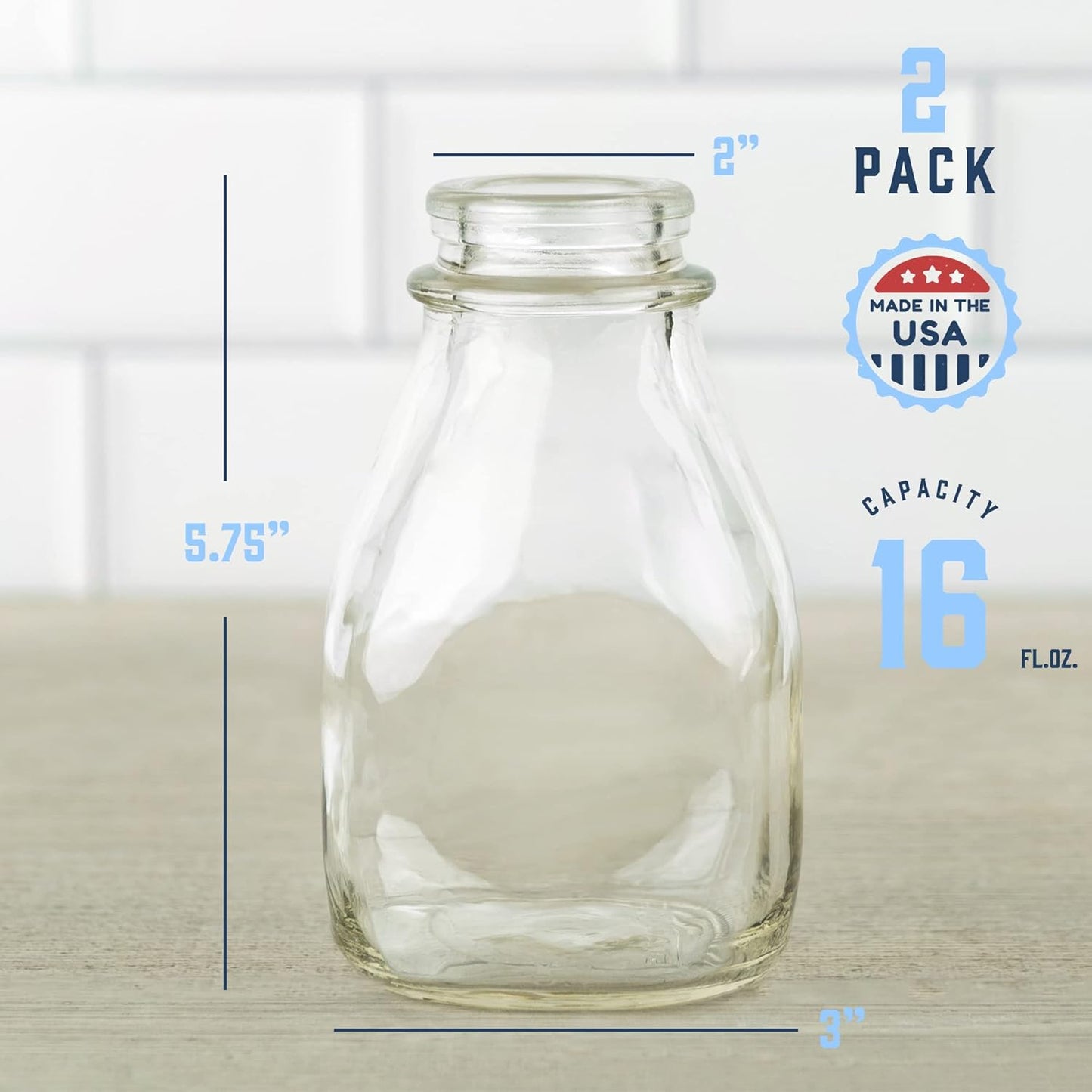 kitchentoolz 16 Oz Glass Milk Bottle with Lid - 16 Ounce Short and Wide Glass Milk Container for Refrigerator with Tamper Proof Lid and Pour Spout - Pack of 2