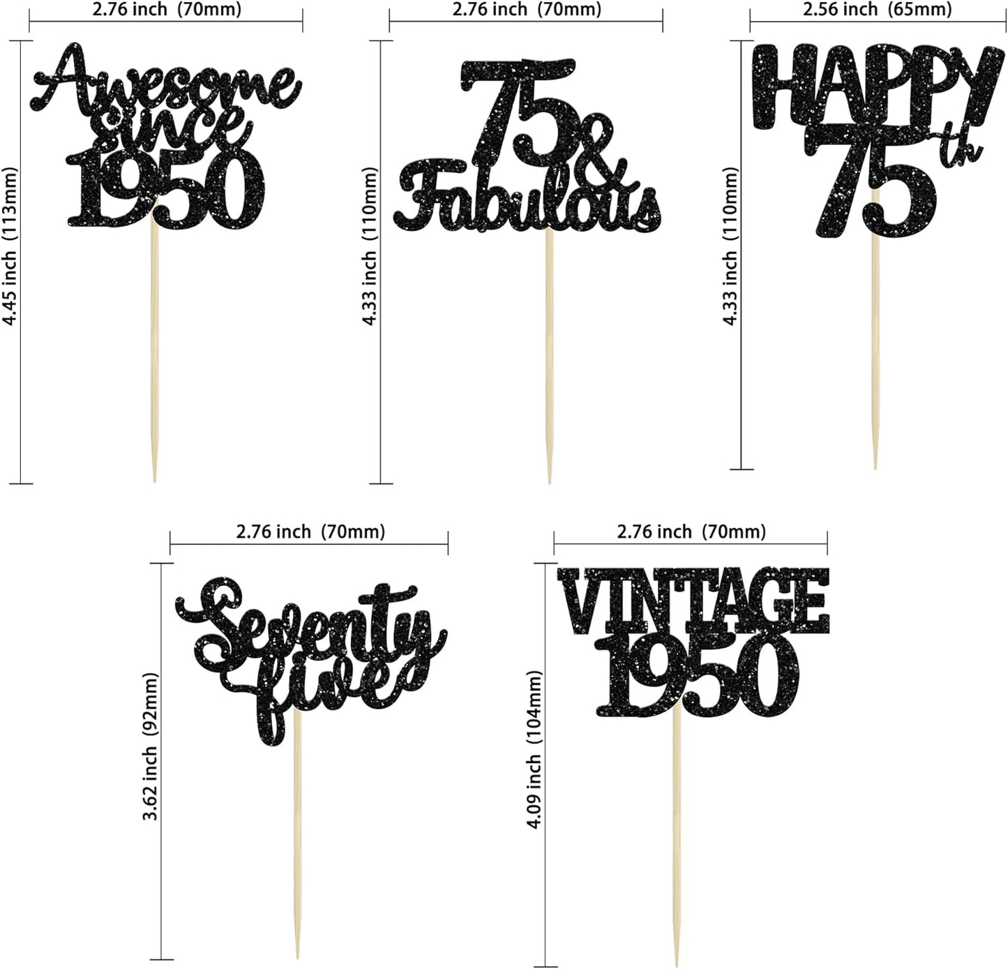 Gyufise 30 Pack black Glitter 75th Birthday Cupcake Toppers Vintage 1950 Cake Toppers Hello 75 Cake Topper Sixty Five 75 & Fabulous Cupcake Picks 75th Birthday Cake Decorations Supplies