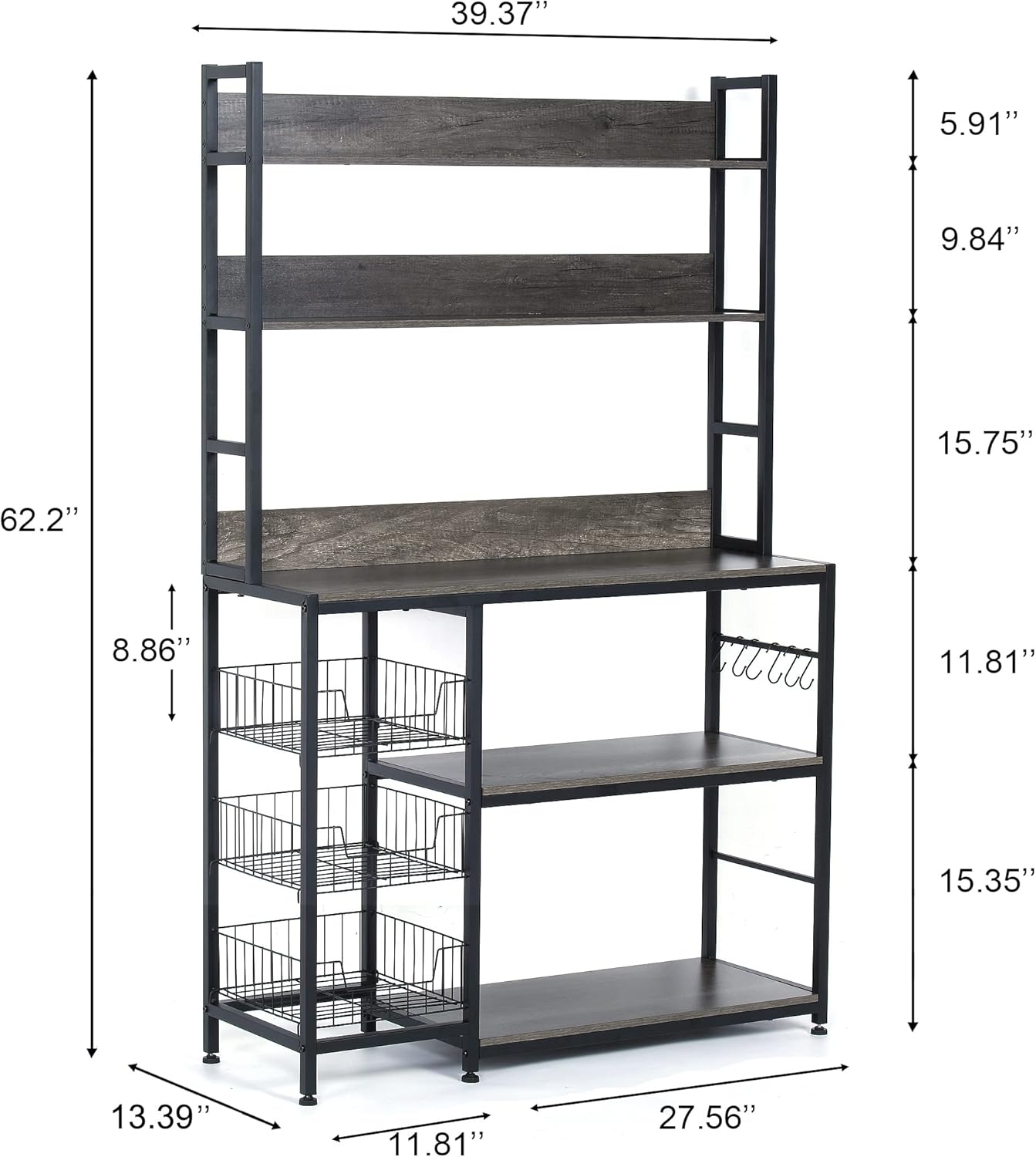 Kitchen Bakers Rack with Baskets,Free Standing Shelf,5-Tier Kitchen Utility Storage Shelf with Hooks, Microwave Oven Stand Rack Grey