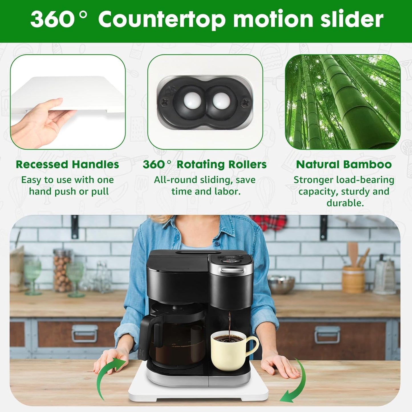 Appliance Slider 360° Rolling Tray for Coffee Maker- Bamboo Coffee Pot Slider Tray Countertop Rotation Sliding Tray with Wheels, Small Appliances Mat Easily from Under The Cabinet White(13.9"×11.6")