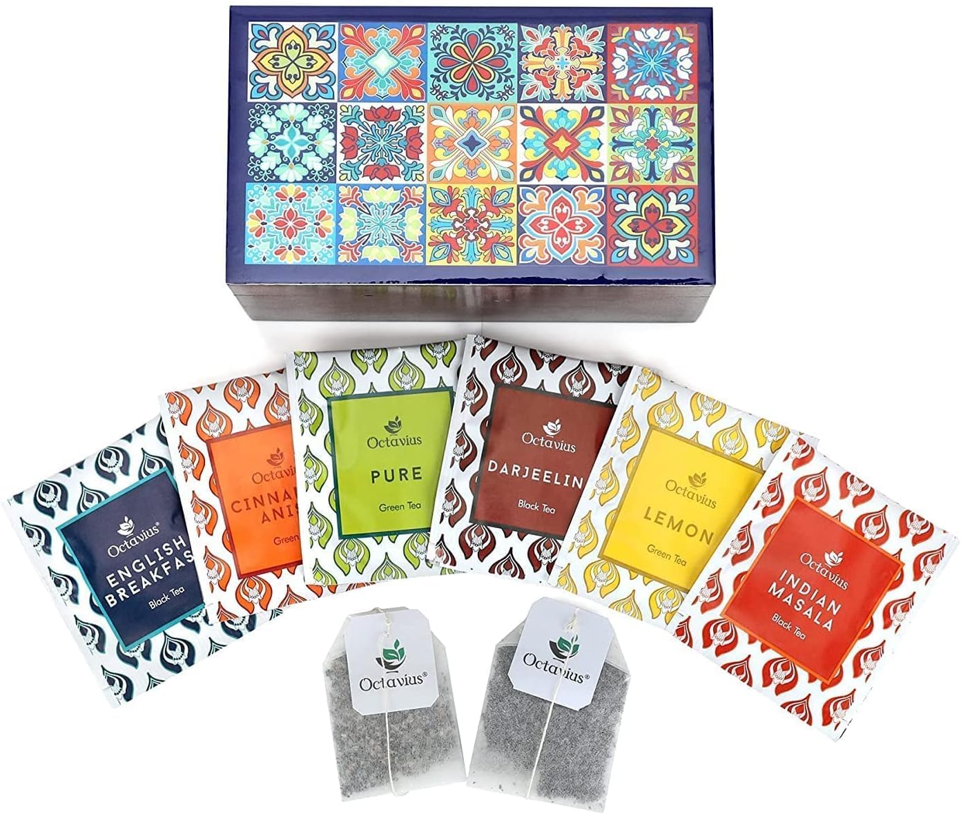 Octavius Assorted Tea Gift Set | 6 Assorted Black & Green Teas | 30 Teabags | Wooden Tea Sampler Pack w/Tile Motif Design | Pack of 2 | Mothers Day Tea Gift Box