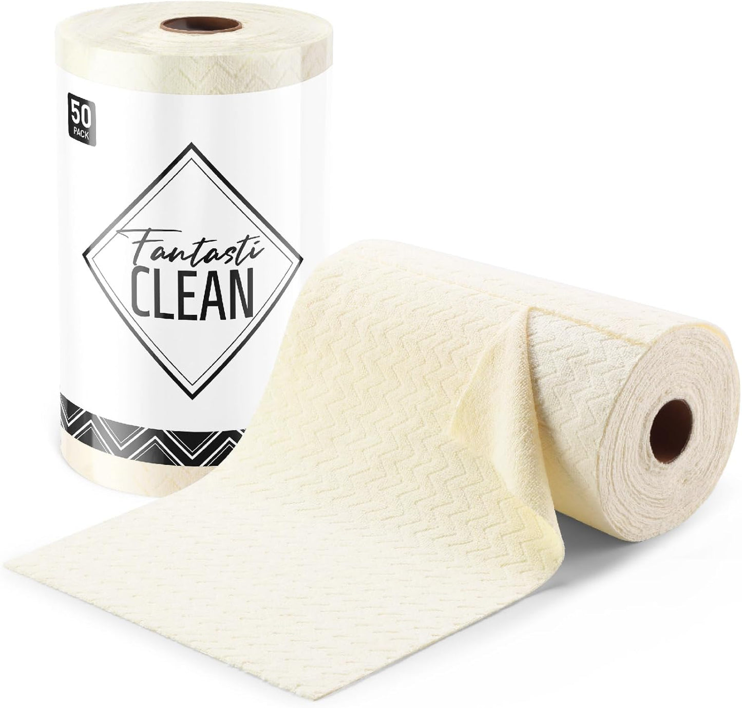 Fantasticlean Microfiber Cleaning Cloth Roll, 16" x 12"- 50 Sheets, Reusable Tear Away Microfiber Towels, Ultra Absorbent Dish Rags for Car, Home or Office (Beige Ripple)