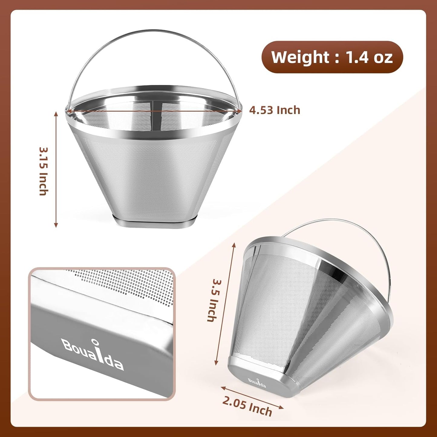 Reusable Cone Coffee Filters 4，304 Stainless Steel Permanent Coffee Filter，Permanent Filter for Ninja Coffee Maker, 2Pcs Permanent Cone Filter 4