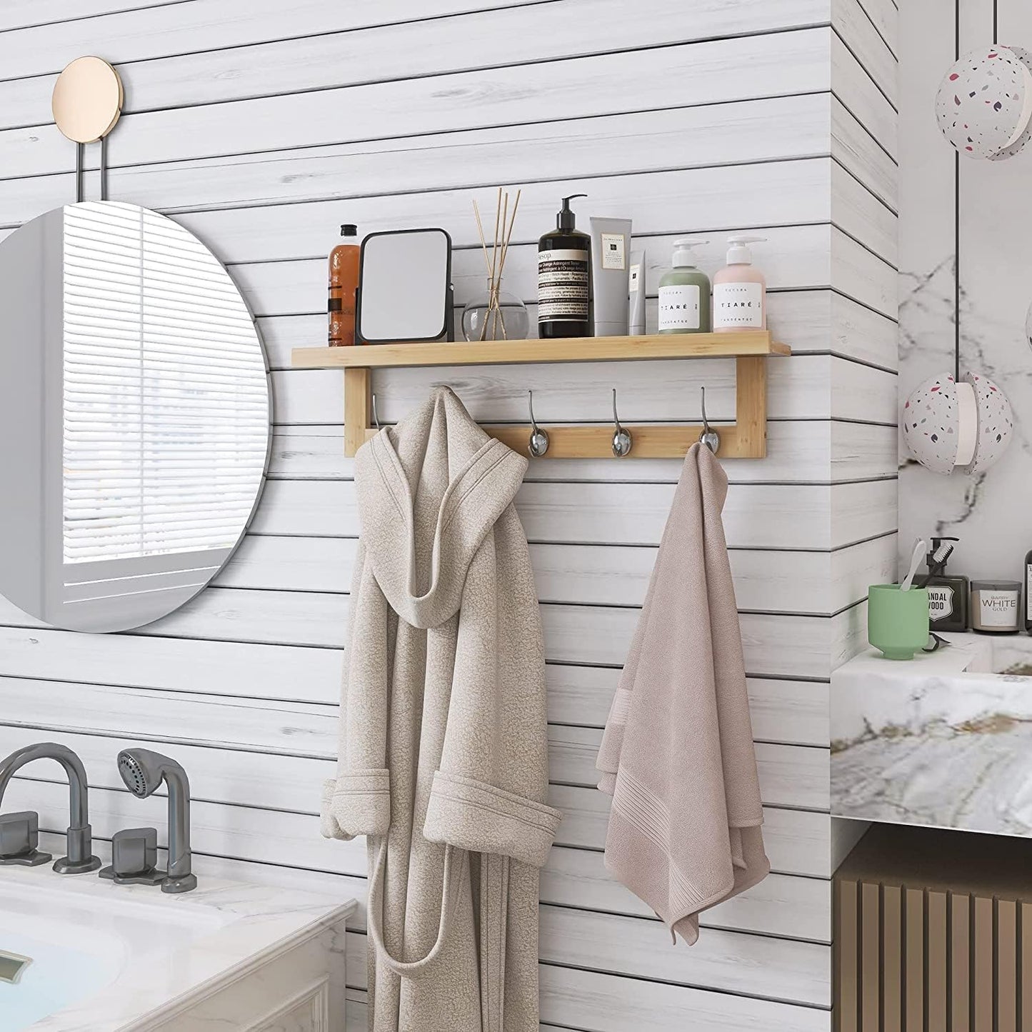 SMIBUY Coat Hooks with Shelf Wall-Mounted, 29.2 Inch Entryway Coat Rack for Wall, Bamboo Hanging Shelf with 5 Double Metal Hooks for Bathroom, Bedroom, Kitchen, Living Room, Mudroom (Natural)