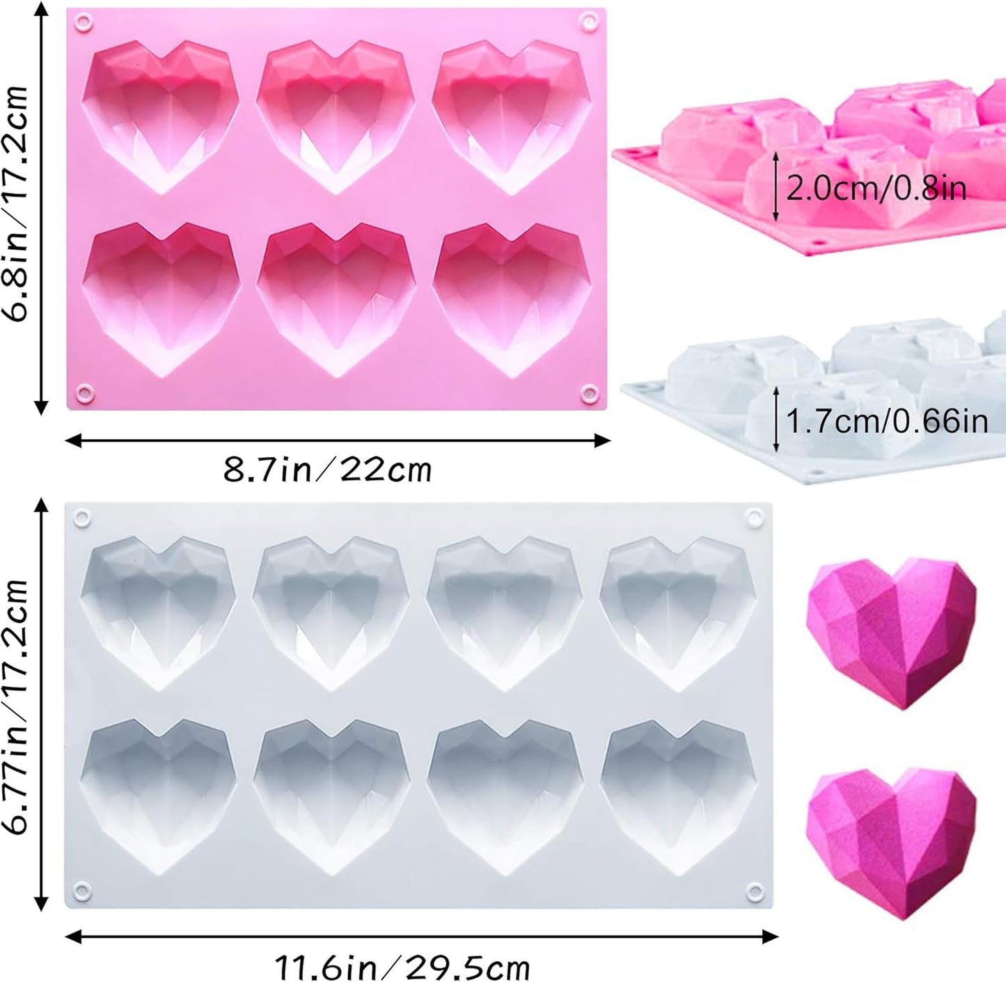 2 Pack Diamond Heart Silicone Mold, 8 Cavities & 6 Cavities Non-stick Easy Release Heart Shaped Silicone Mold Tray for Mousse Cake Dessert, Candy, Chocolate Mold