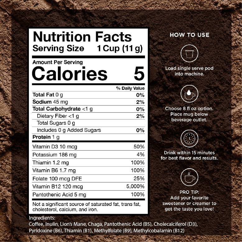 VitaCup Focus Mushroom Coffee Pods, Boost Focus & Immunity w/Lions Mane, Chaga, B Vitamins, D3 for Memory & Clarity, Medium Roast, Recyclable Single Serve Pod Compatible w/Keurig K-Cup Brewers,32 Ct