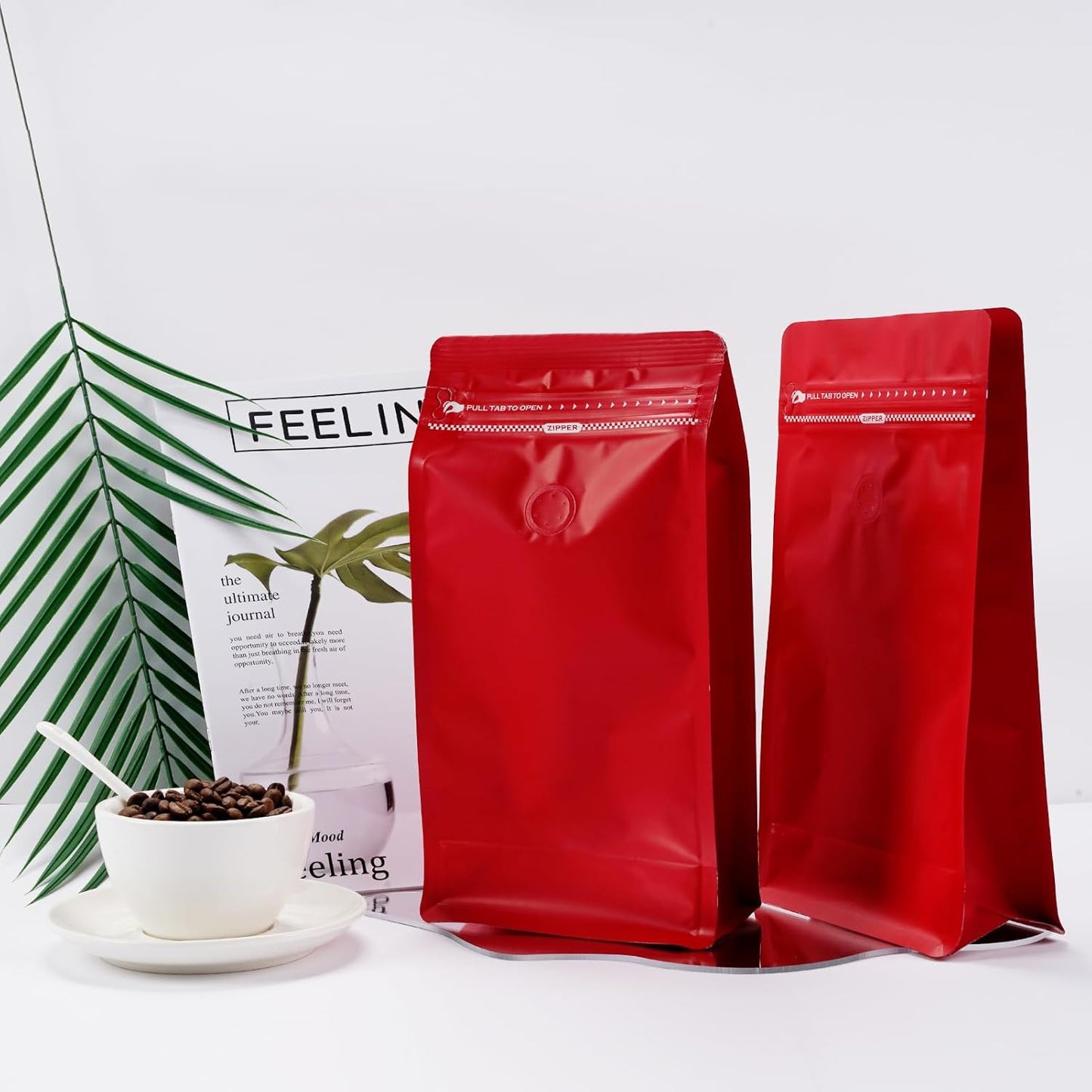 Coffee Bags with Valve (50 PCS,16oz/1lb) Red High Barrier Aluminum Foil Flat Bottom Standing Coffee Beans Storage Packaging Bags, Reusable Heat Seal Side Zipper Pouches for Small Business and Home
