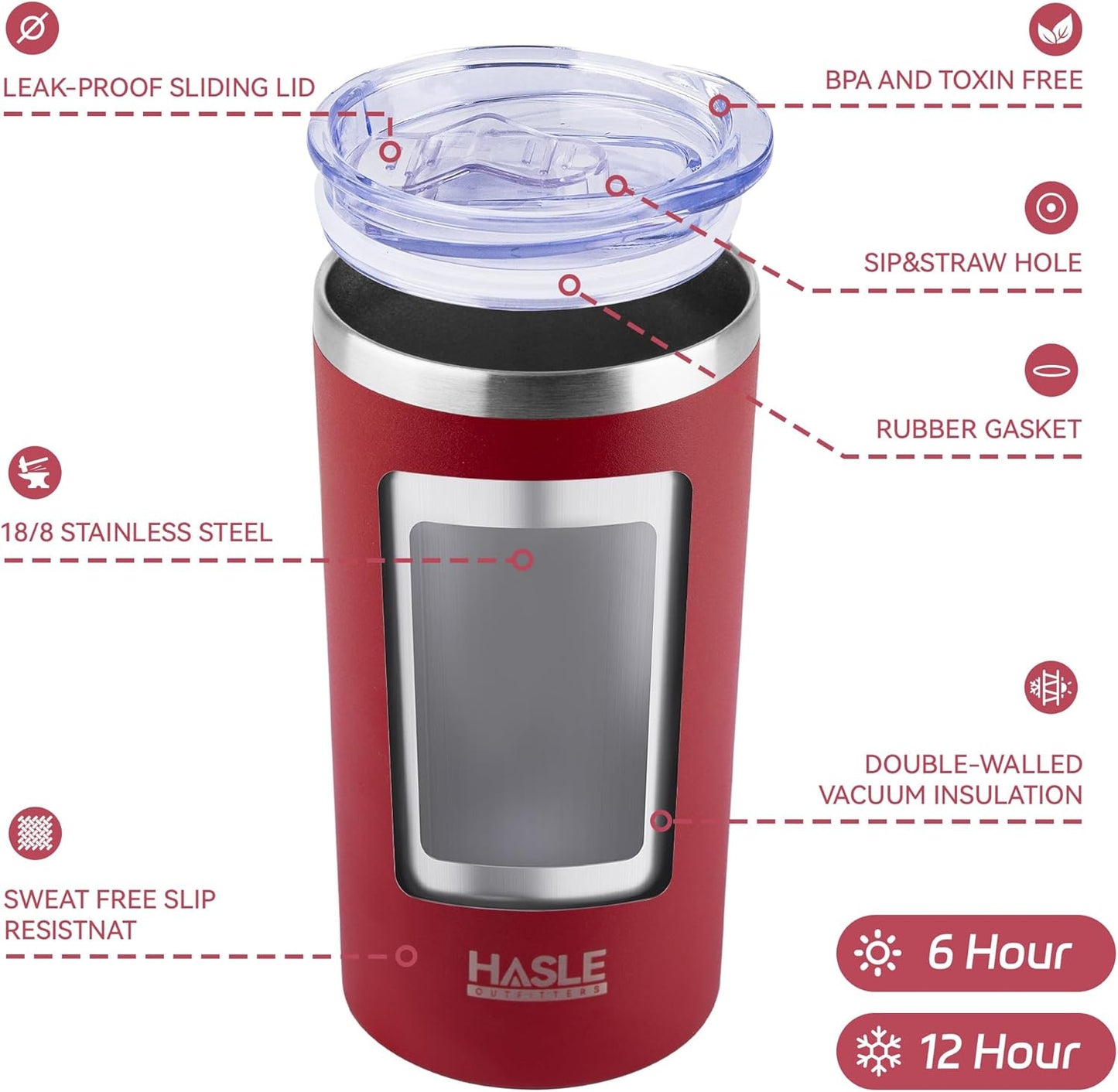HASLE OUTFITTERS 12 oz Skinny Tumbler, Stainless Steel Insulated Slim Tumbler with Lid, Reusable Double Wall Travel Coffee Mug, Durable Powder Coated Travel Water Cup(Red,1)