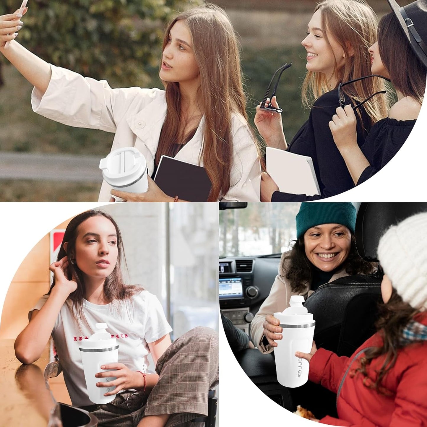 YINBAOGE Insulated Travel Coffee Mug Spill Proof Leak Proof Pobtable To Go Camping Stainless Steel Coffee Tumbler Reusable Coffee Cups with Lids Thermos for Hot and Cold Drink (2nd-White, 12 OZ)