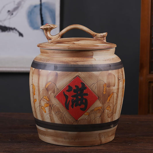Ceramic Rice Storage Container Sealed Rice Bucket, Grain Dispenser Food Storage Jars, Chinese Jar Ceramic Decorative, for Cereal, Flour, Sugar, Coffee, Rice(35 * 28.5cm/13.7 * 11.2in)