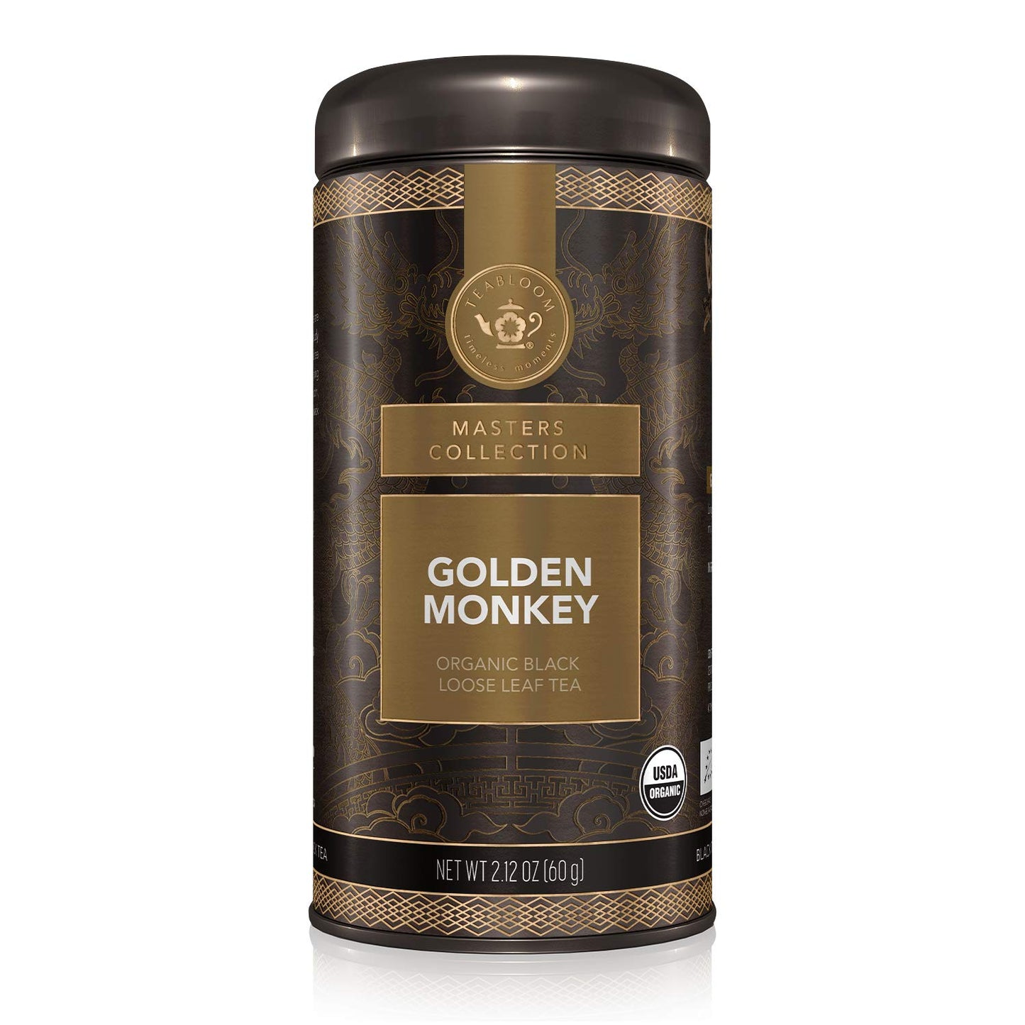 Teabloom Organic Golden Monkey Loose Leaf Tea, USDA Certified Organic Black Tea, Lingering Aroma with Smooth and Malty Flavor, 2.12 Ounce Loose Leaf Tea Canister Makes 35-50 Cups