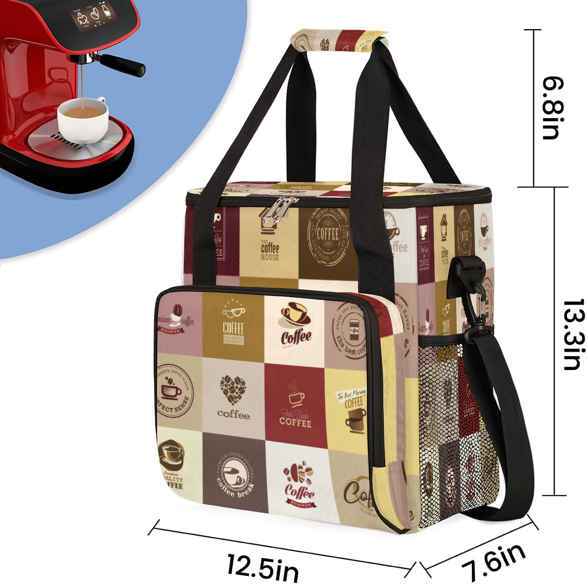 Set of Coffee Icons Maker Carring Bag Travel Carrying Storage Tote Compatible with Keurig K-Mini or Plus Portable Single Serve Brewer Case Pockets for K-cup Pods