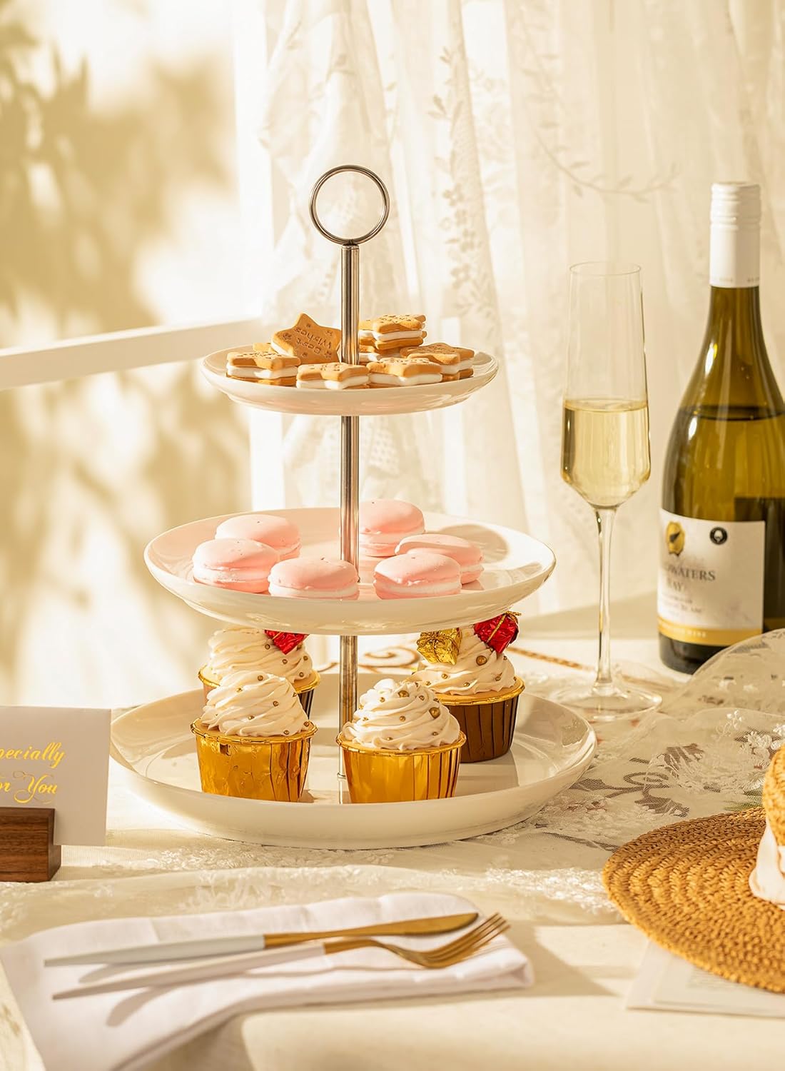 Sweese 3 Tier Cupcake Stand- White Porcelain Cake Stand- Dessert Stand, Tiered Serving Trays for Parties