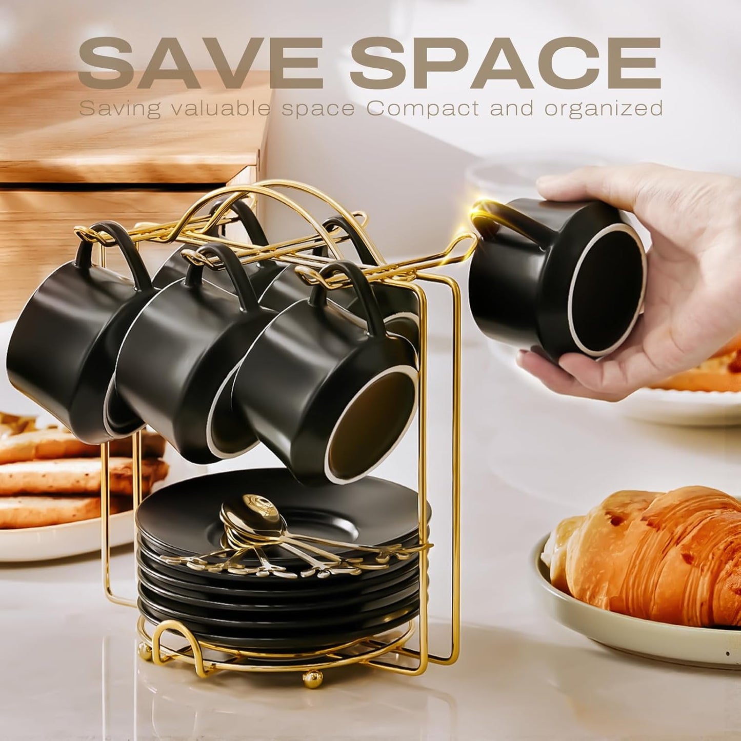 Lareina 3-Ounce Porcelain Espresso Cups Set of 6, Stackable Coffee Cups with Saucers, Spoons and Metal Stand, Ceramic Demitasse Mugs, Espresso Accessories for Machine, Black