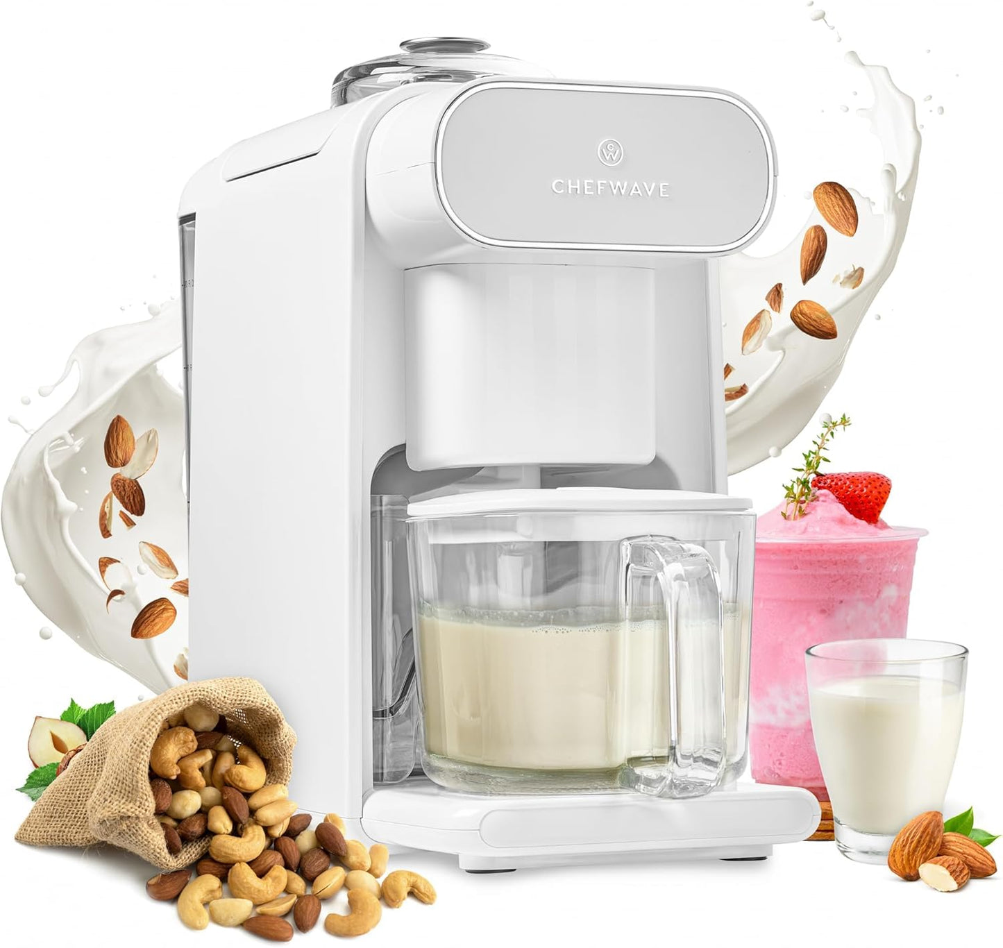 ChefWave Milkmade Non-Dairy Milk Maker – 6-in-1 Vegan Plant-Based Milk Machine with Auto Clean, Delay Start & Glass Pitcher – Almond, Oat, Soy, Cashew, Coconut, Macadamia Milk Maker & Nut Platter
