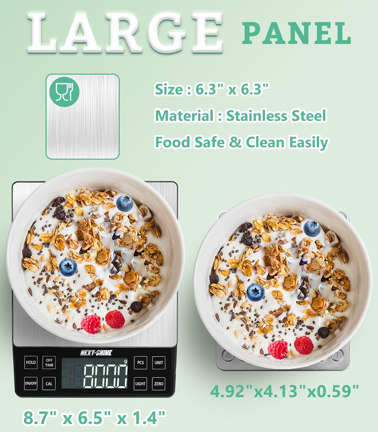 NEXT-SHINE Food Kitchen Scale 11lb 0.1g/0.01oz Precise Graduation, 9 Units Rechargeable Digital Scale Stainless Steel Platform LCD Display