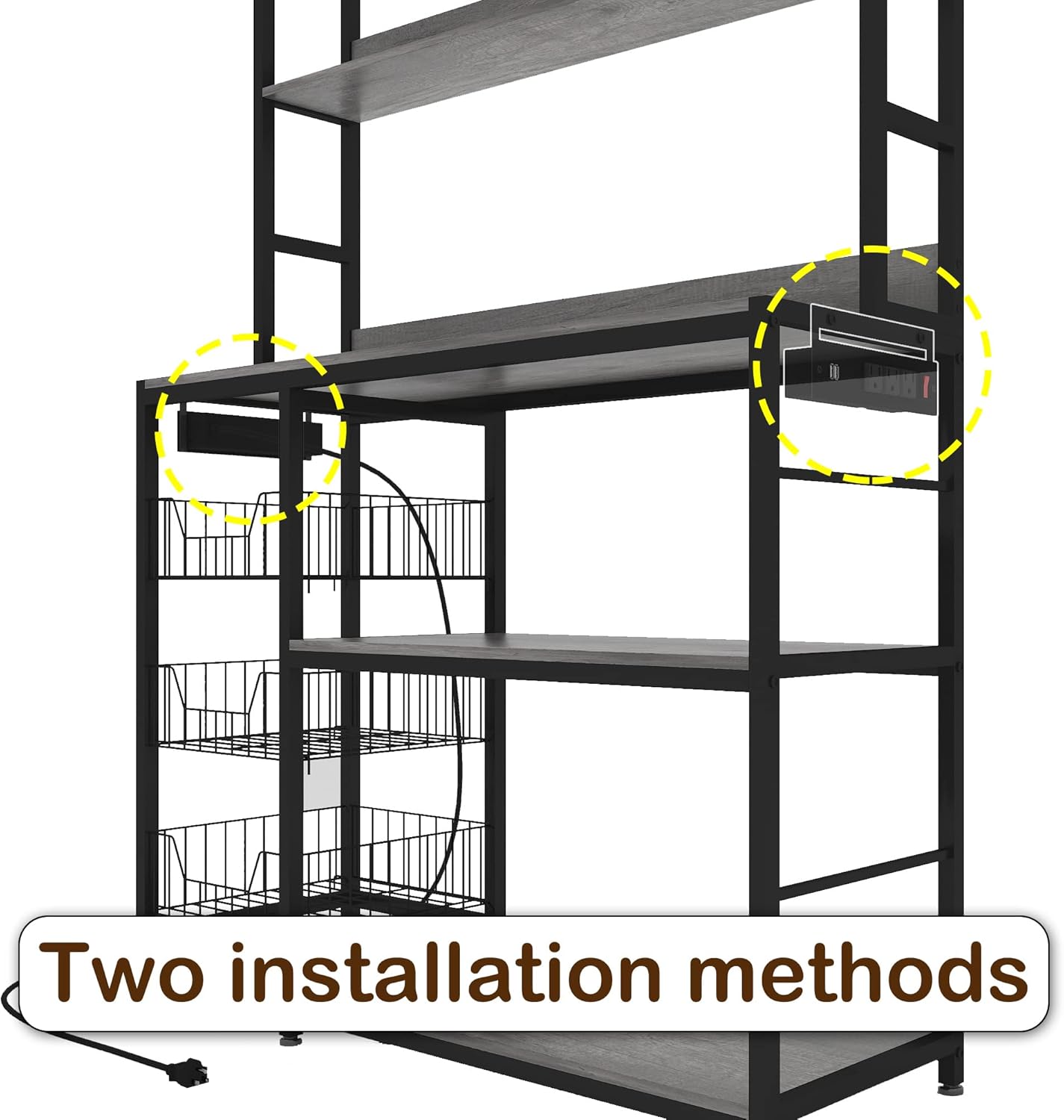 Kitchen Bakers Rack with Baskets and Power Outlet,5-Tier Kitchen Utility Storage Shelf with Hooks, Microwave Oven Stand Rack,Vintage Grey Free Standing Kitchen Shelf