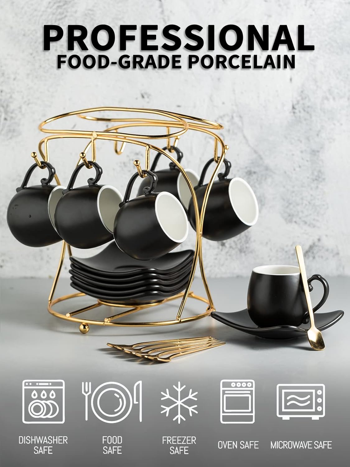 LYEOBOH Espresso Cups with Saucers Set, 3 Ounces Porcelain Coffee Cups with Metal Stand and Spoons, Cappuccino Cups Cute Demitasse Cups for Coffee Drinks, Latte, Tea Set of 6, Black