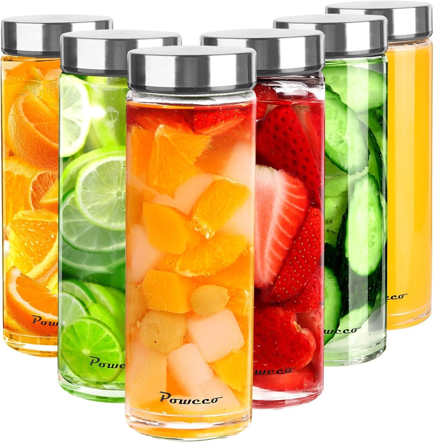 20oz Glass Juice & Water Bottles 6-Pack with Lids- Wide Mouth Reusable Borosilicate Glass- for Juicing, Smoothies, Protein Shakes, Blender & Shaker Bottle- Refillable & Dishwasher Safe(20 oz/600ml)