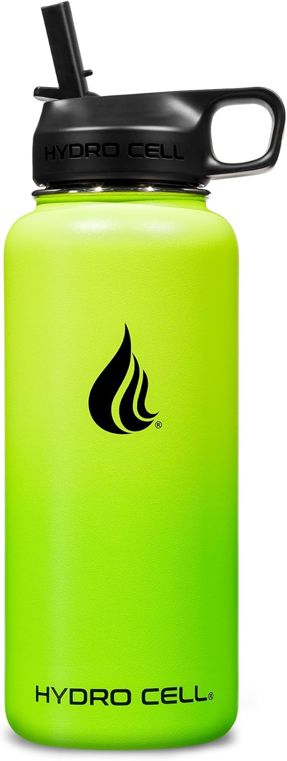 HYDRO CELL Stainless Steel Insulated Water Bottle with Straw - For Cold & Hot Drinks - Metal Vacuum Flask with Screw Cap and Modern Leakproof Sport Thermos for Adults (Neon 32oz)