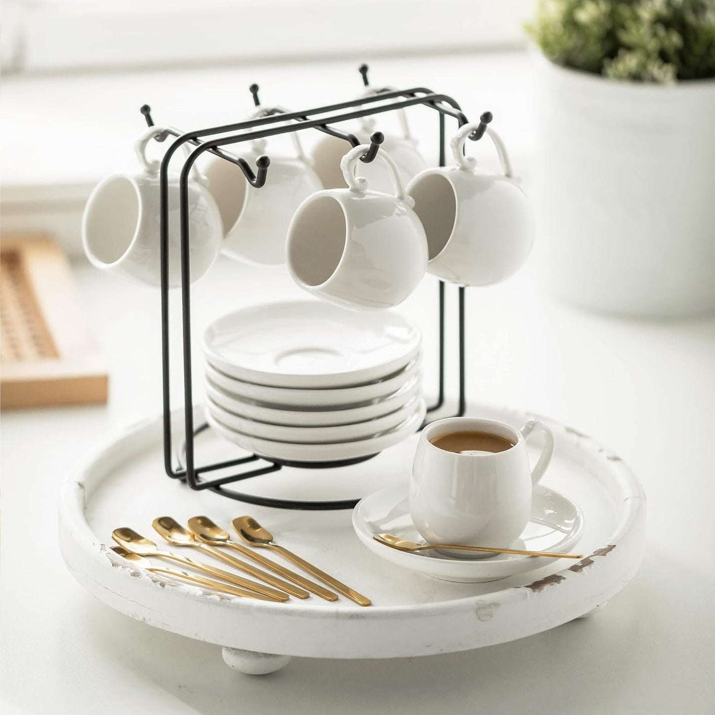 LYEOBOH Espresso Cups with Saucers Set, 3 Ounces Coffee Cups with Metal Stand and Spoons, Ceramic Cappuccino Coffee Cups Demitasse Cups for Espresso, Latte, Cafe Mocha and Tea, Set of 6, White