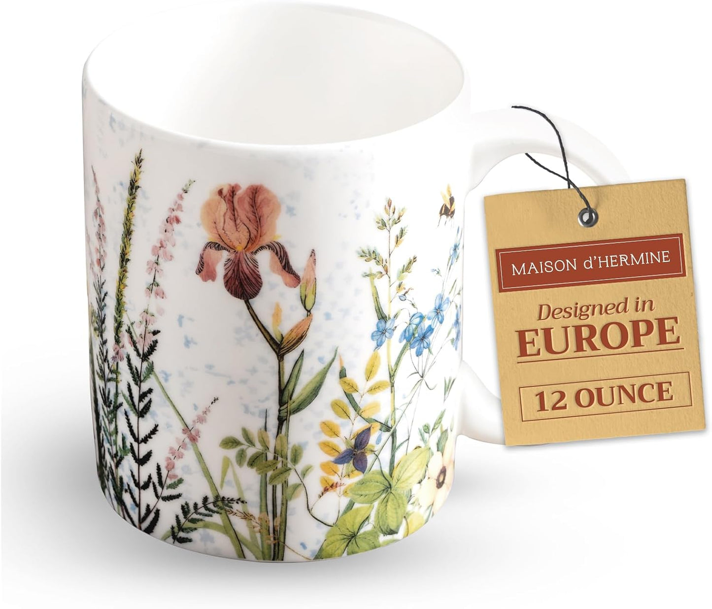 Maison d' Hermine Coffee Mug with Handles Fine Bone China Mugs Pack of One Tea Cups for Hot Beverages Cappuccino Latte Home Restaurant Office Perfect for Gift (Fleurs De Mai - Prairie, 12 Ounce)