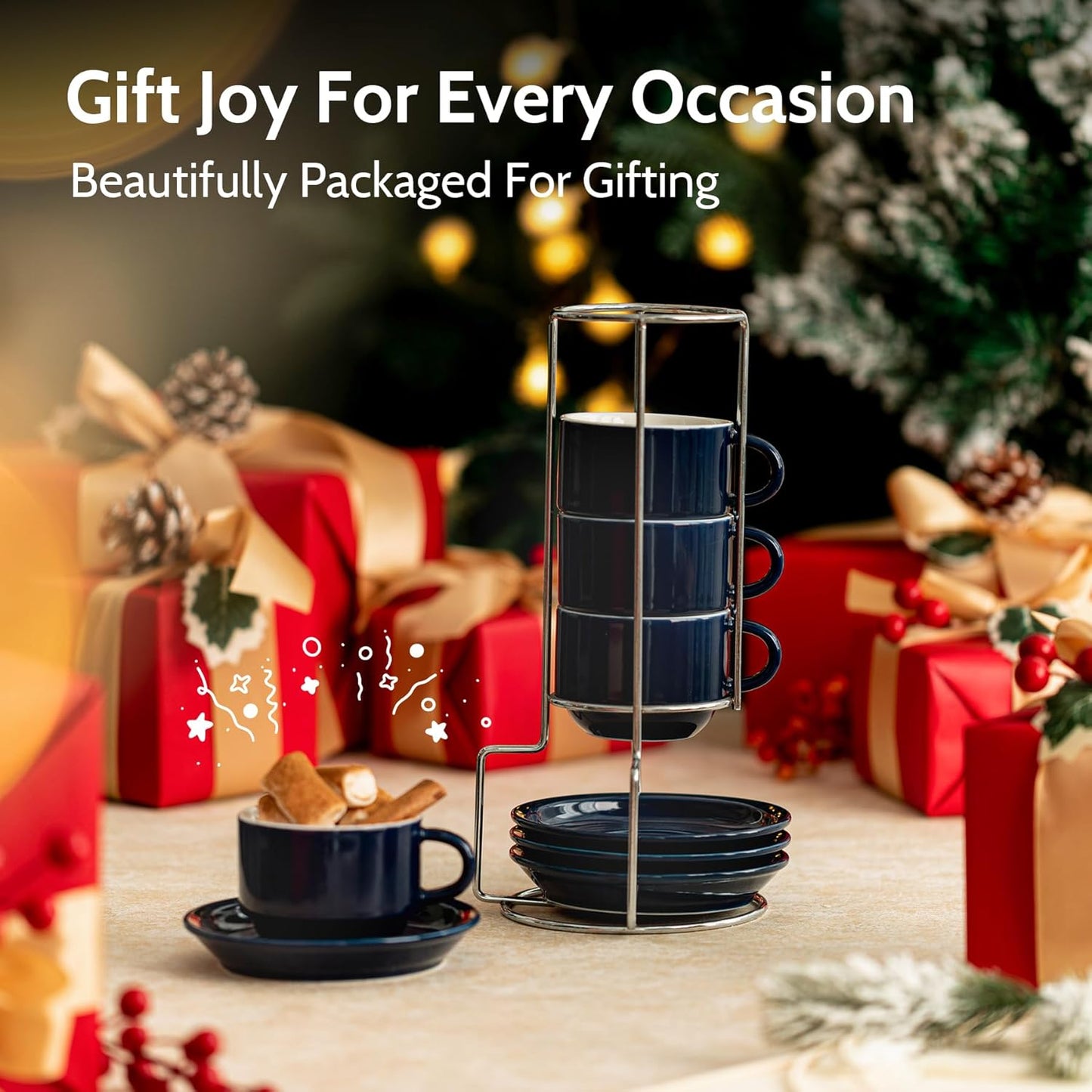 Sweese 8 Ounce Porcelain Stackable Cappuccino Cups with Saucers and Metal Stand - for Specialty Coffee Drinks, Cappuccino, Latte, Americano and Tea - Set of 4, Navy