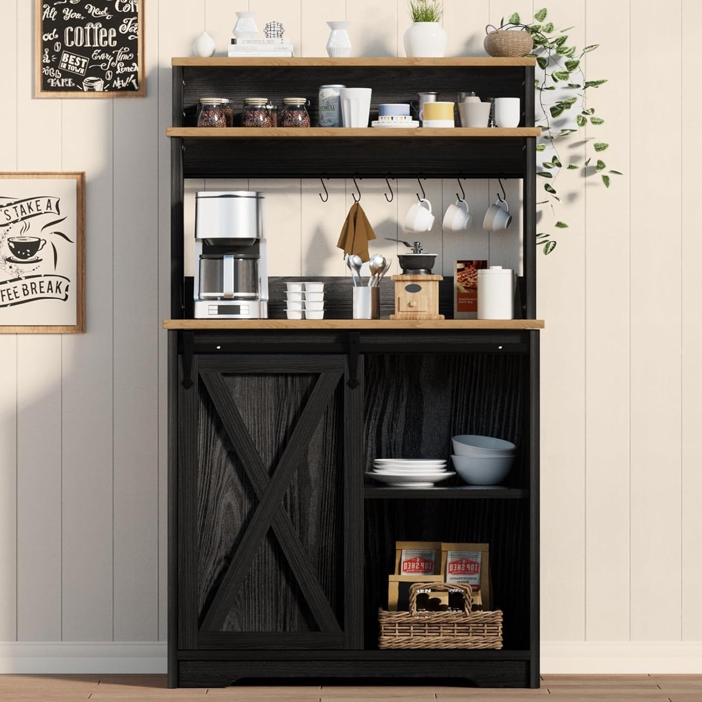 Farmhouse Coffee Bar with 3 Tier Storage Hutch, 56 Inch Small Bar Station with 6 Hooks, Corner Table with Adjustable Shelves for Living Dining Room (Black)
