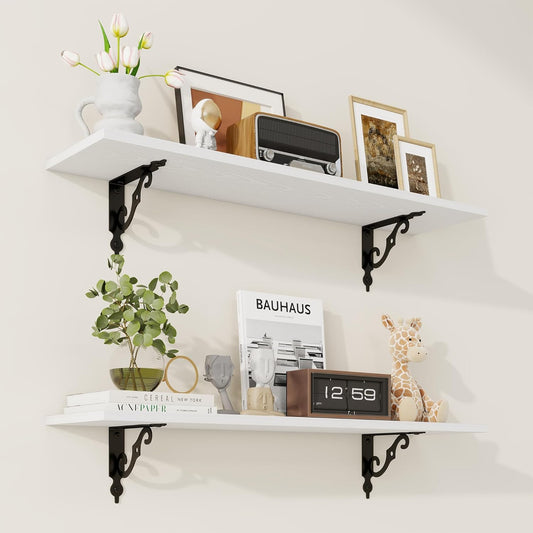 RICHFOCUS Floating Shelves for Wall Decor, 31.5W x 8D Shelves Set of 2, 8" Deep Rustic Wood Floating Shelves Wall Mounted with Metal Brackets, Shelves for Living Room Bedroom Kitchen, White