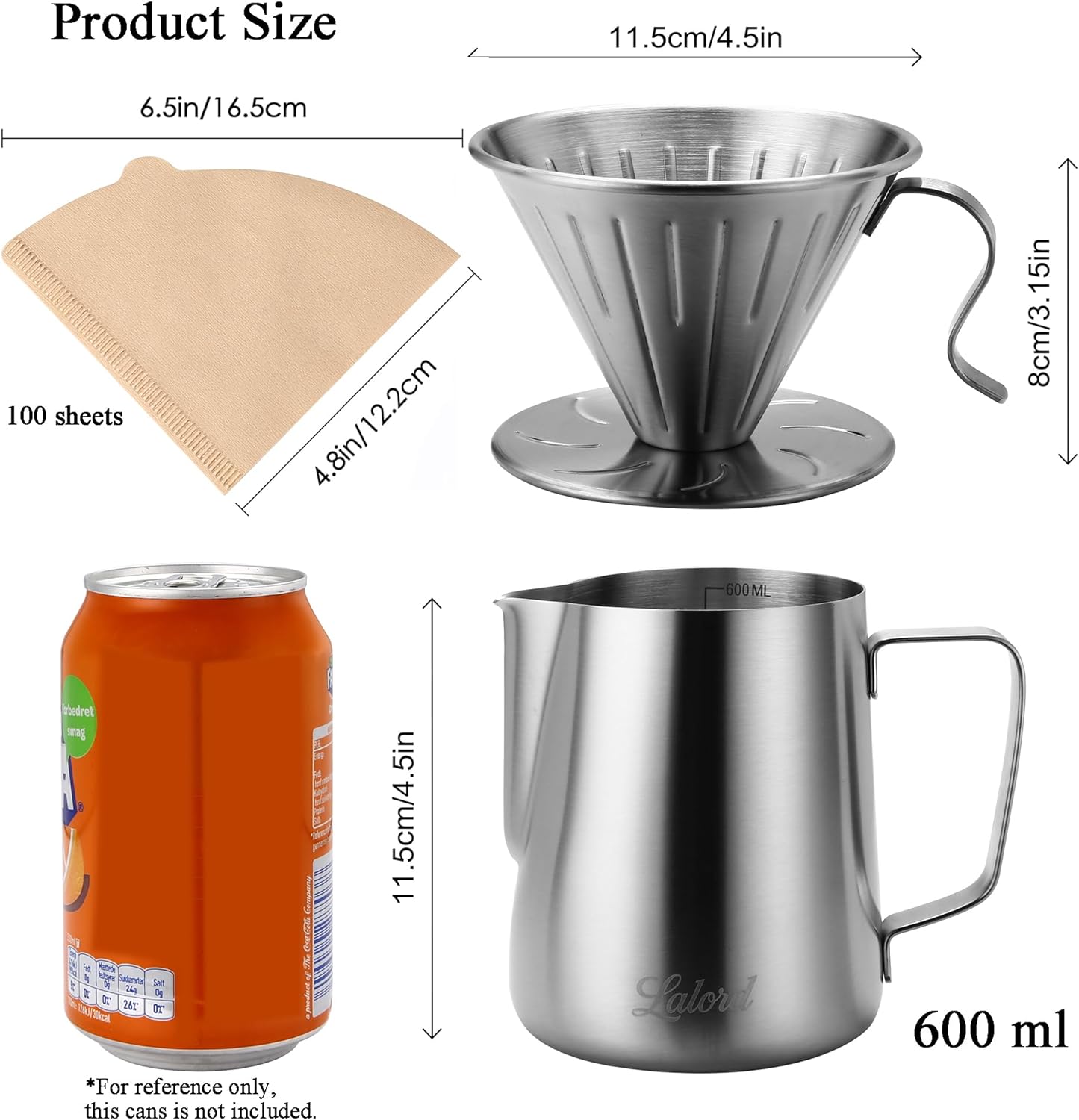 Pour Over Coffee Maker Set, 304 Stainless Steel wIth 100 pcs Size 02 Cone Paper Filters & 600ml Milk Frothing Pitcher, for Home & Camping