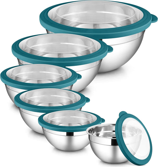 LIANYU Stainless Steel Mixing Bowls, 6 Packs Deep Metal Nesting Bowls Set for Baking Cooking Serving Prepping, Large& Small 7, 3.5, 2.5, 2, 1.5, 1QT Size, Include Visible Airtight Lid, Dark Blue