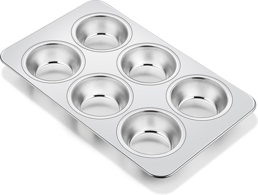Homikit 1 Pack Muffin Pan, Stainless Steel Cupcake Tin with 6 Cups Regular Size, Thick Metal Egg Bites Bakeware for Oven Baking, Rust Free & Non Toxic, Also Be Snack Tray for Kids, Dishwasher Safe