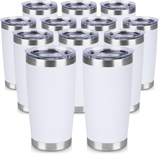 20 oz Tumbler Stainless Steel Tumblers Bulk with Lid Double Wall Insulated Coffee Tumbler Cups for Hot & Cold Drinks Powder Coated Travel Coffee Tumbler Mug Metal (White, 12 pack)