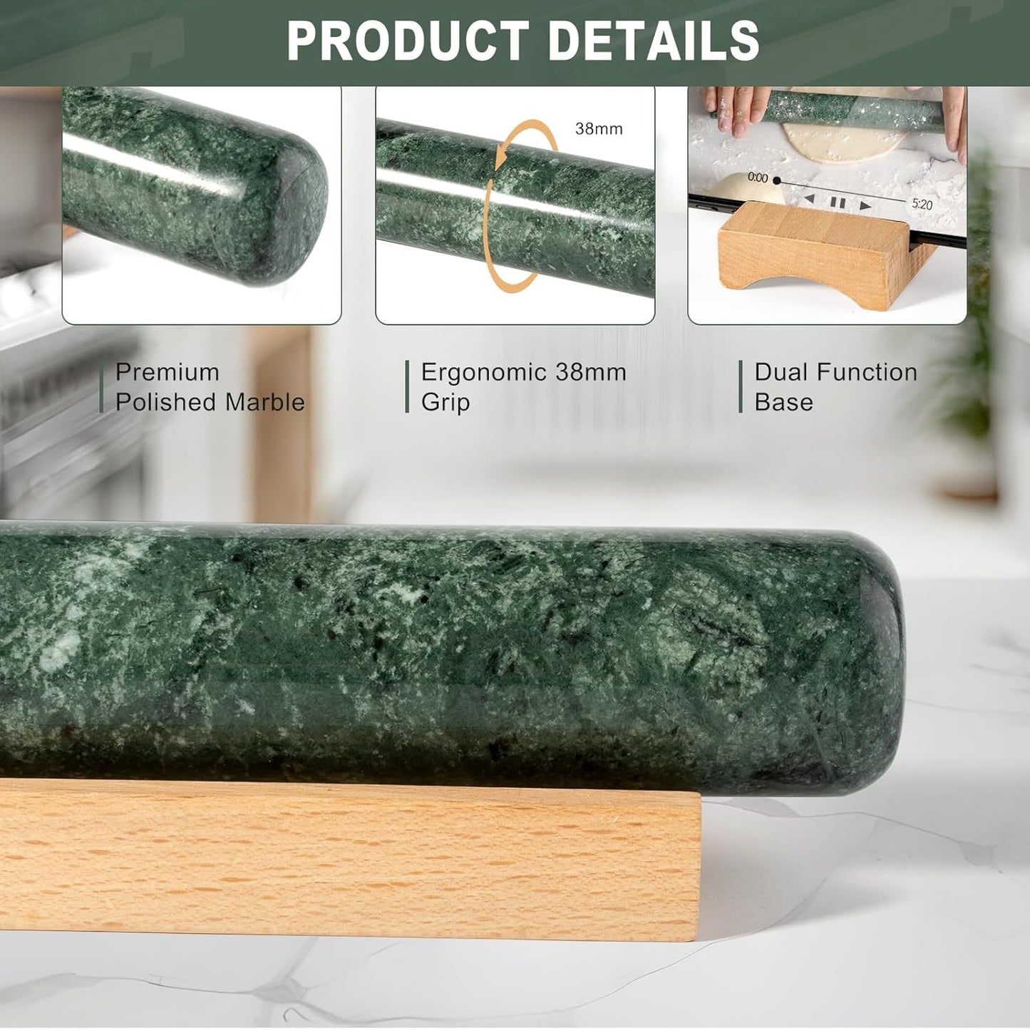 Marble French Rolling Pin for Baking, 12 Inch Non Stick Polished Rolling Pin for Dough, Heavy Dough Roller for Fondant Pizza Pie Crust Cookie Pastry Bread, Kitchen Baking (Indian Green)
