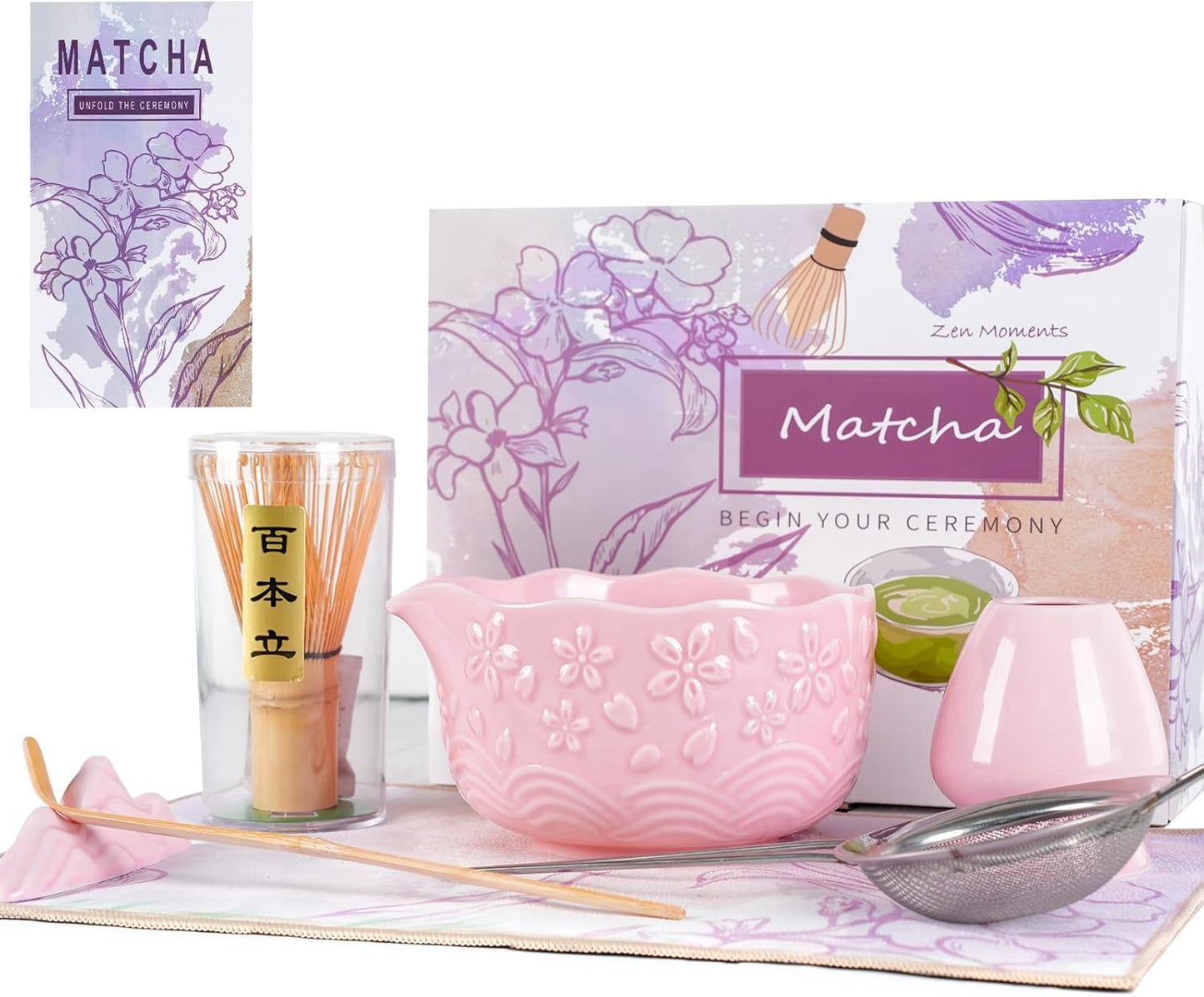Matcha Whisk Set, Matcha Set 7 Pieces - Ceramic Matcha Bowl with Spout, Bamboo Chasen Whisk & Holder, Scoop, Sifter, Tea Towel - Complete Kit for Matcha Tea Ceremony, Latte, Ideal Gift（Pink）