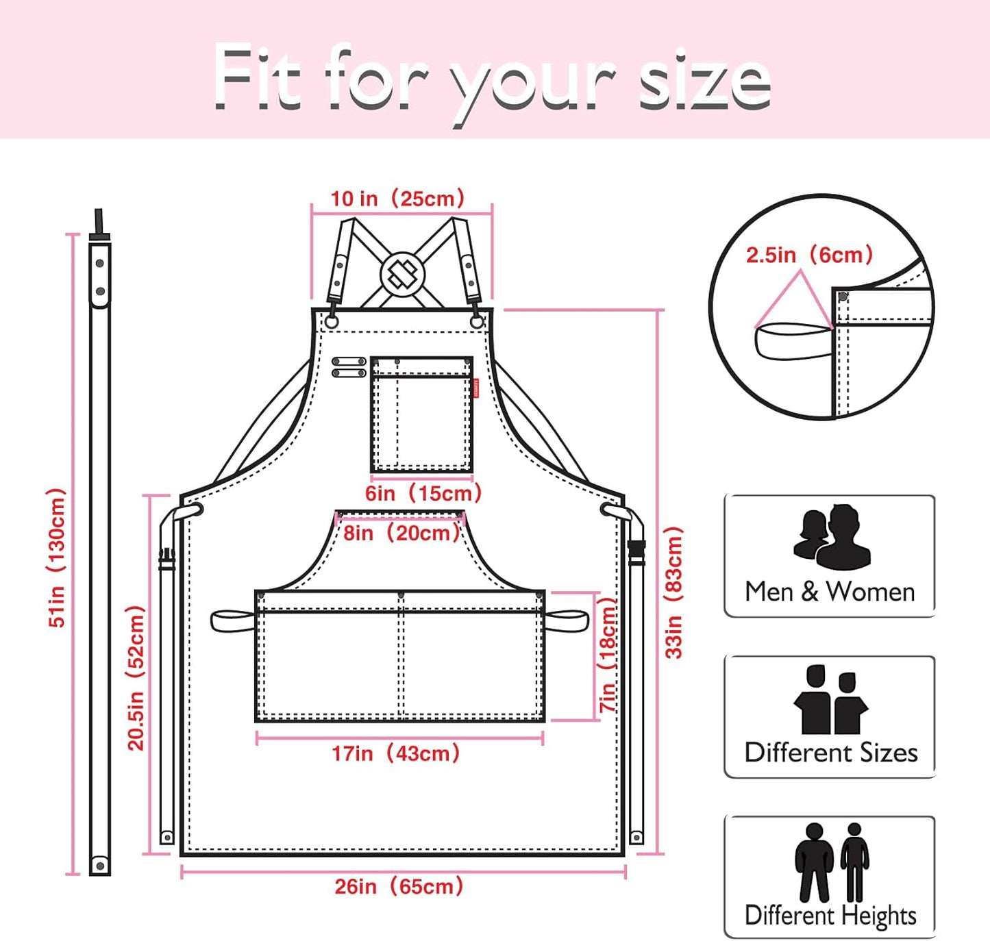 Kitchen Apron, Work Apron, Canvas, Multiple Pockets, Gardening, Painting, BBQ, Artist, Carpenter, Sizes M to XXL, Pink