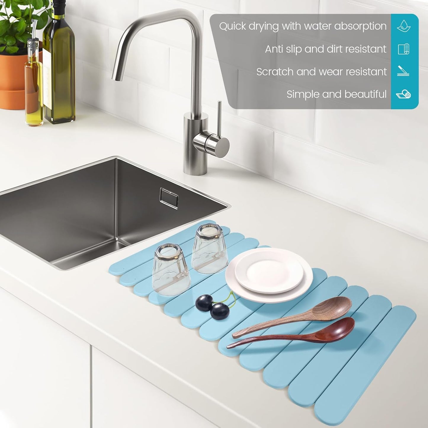 Extral Large Quick Dry Stone Drying Mat for Kitchen Counter,28"(L)x16"(W) Collapsible Eco-Friendly Absorbent Diatomaceous Earth Mat for Dishes Cups,Dish Drying Mats (Blue-Ellipse, 28x16 inch)