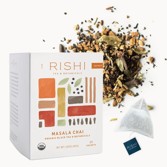 Rishi Tea Masala Chai Black Sachet Tea Bag Blend - Organic, Assam with Whole Spices, Energizing & Caffeinated - 15 Count (Pack of 1)