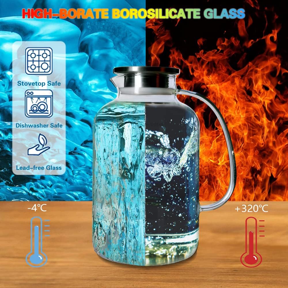 Glass Pitcher with Lid, GOTEBLE 102oz Glass Pitcher with Silicone Case and Brush, Large Capacity Glass Water Tea Pitcher for Juice, Milk, Cold Or Hot Beverages, Large Family and Party