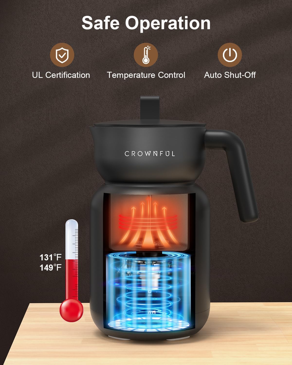 CROWNFUL Milk Frother, Electric 5-in-1 Milk Frother and Steamer with Temperature Control, Dishwasher Safe, Auto Shut-Off Frother for Coffee, Latte, Cappuccino, Macchiato, Dark Gray