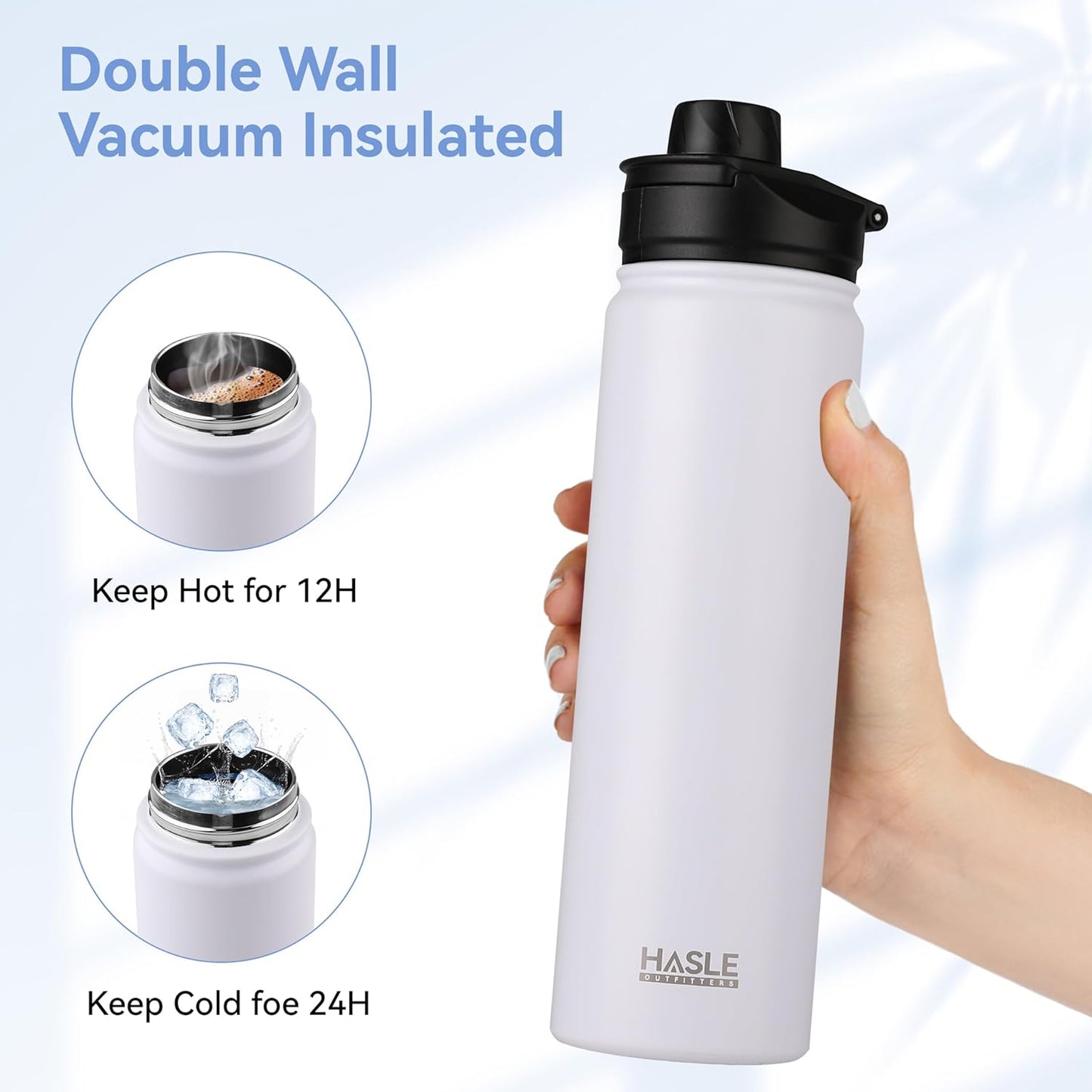 HASLE OUTFITTERS Insulated Water Bottle 22 oz Double Wall Stainless Steel Water Bottle Wide Mouth with Straw Lid & Spout Lid Keeps Cold or Hot(White,4)