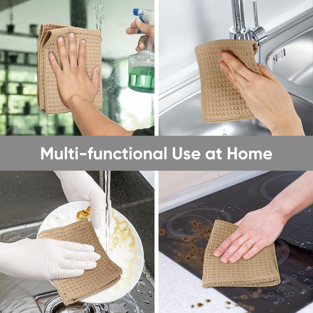 HOMEXCEL Waffle Weave Microfiber Cleaning Cloth, 6 Pack Highly Absorbent Cleaning Rag for Household, Reusable Kitchen Towels, Scratch-Free Barista Towels, 12 x 12 Inches, Brown