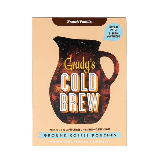 GRADY’S COLD BREW, French Vanilla, 100% Arabica Ground Coffee & Chicory Pouches, ONE Box with 4 Easy-to-Brew Bean Bags, Makes 12 drinks