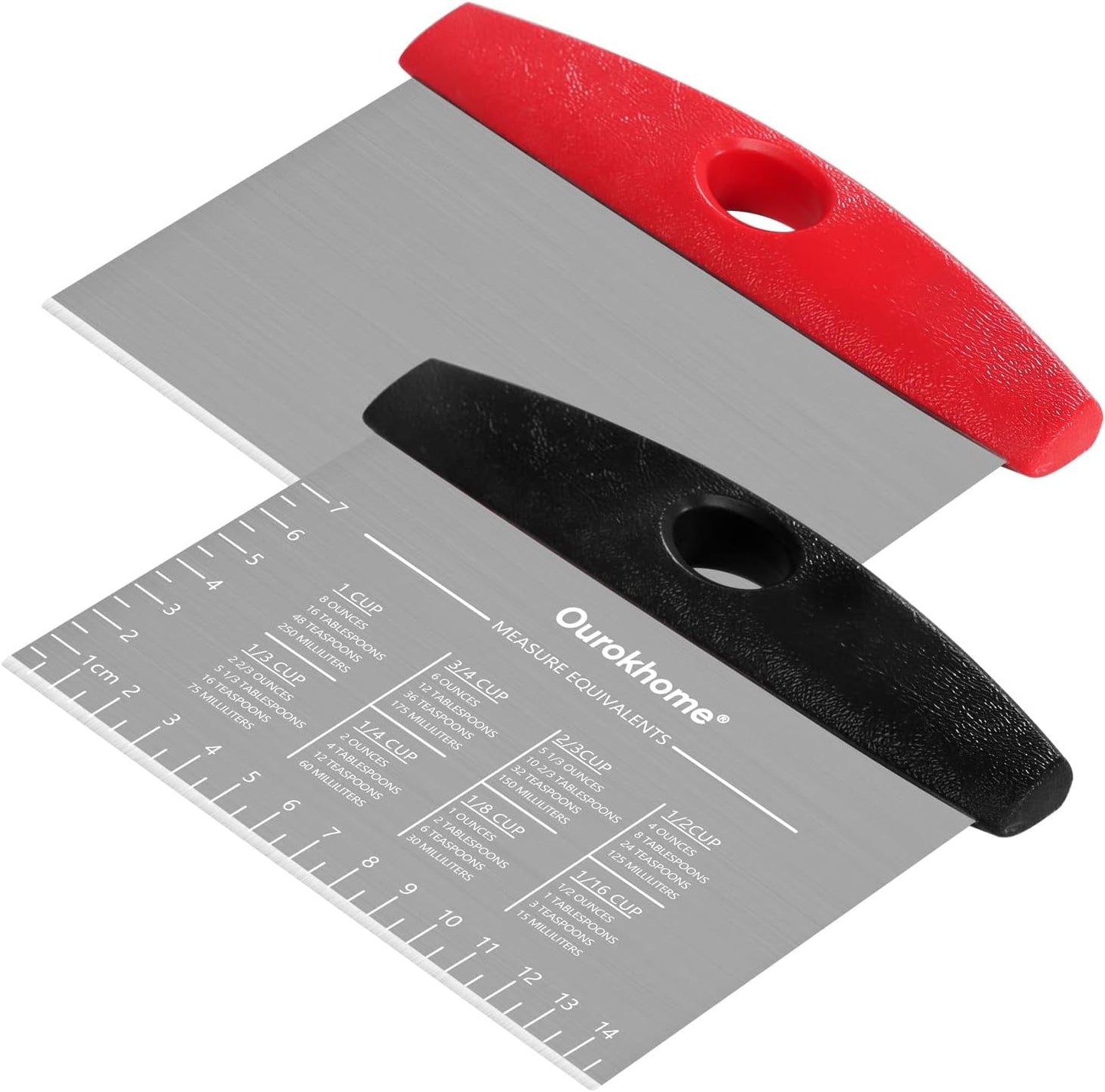 Ourokhome Dough Pastry Bench Cutter Scraper, Stainless Steel Pizza Cutter for Kitchen Baking, Dishwasher Safe, Anti-Wear Laser-Engraved Measuring Scale and Conversion Chart, 2 Pack, Black and Red