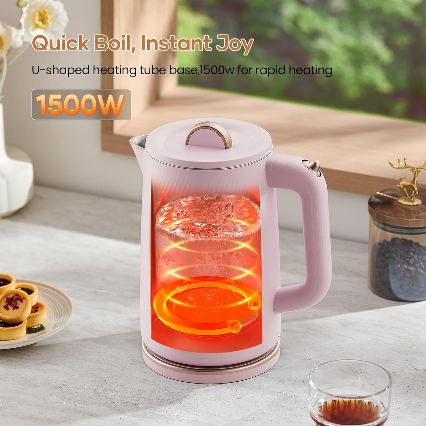 OLEGA Electric Kettle - 1500W Electric Tea Kettle 1.8L Stainless Steel Inner Electric Kettles for Boiling Water Auto Shut Off Boil-Dry Protection Electric Water Kettle for Coffee Tea Pink