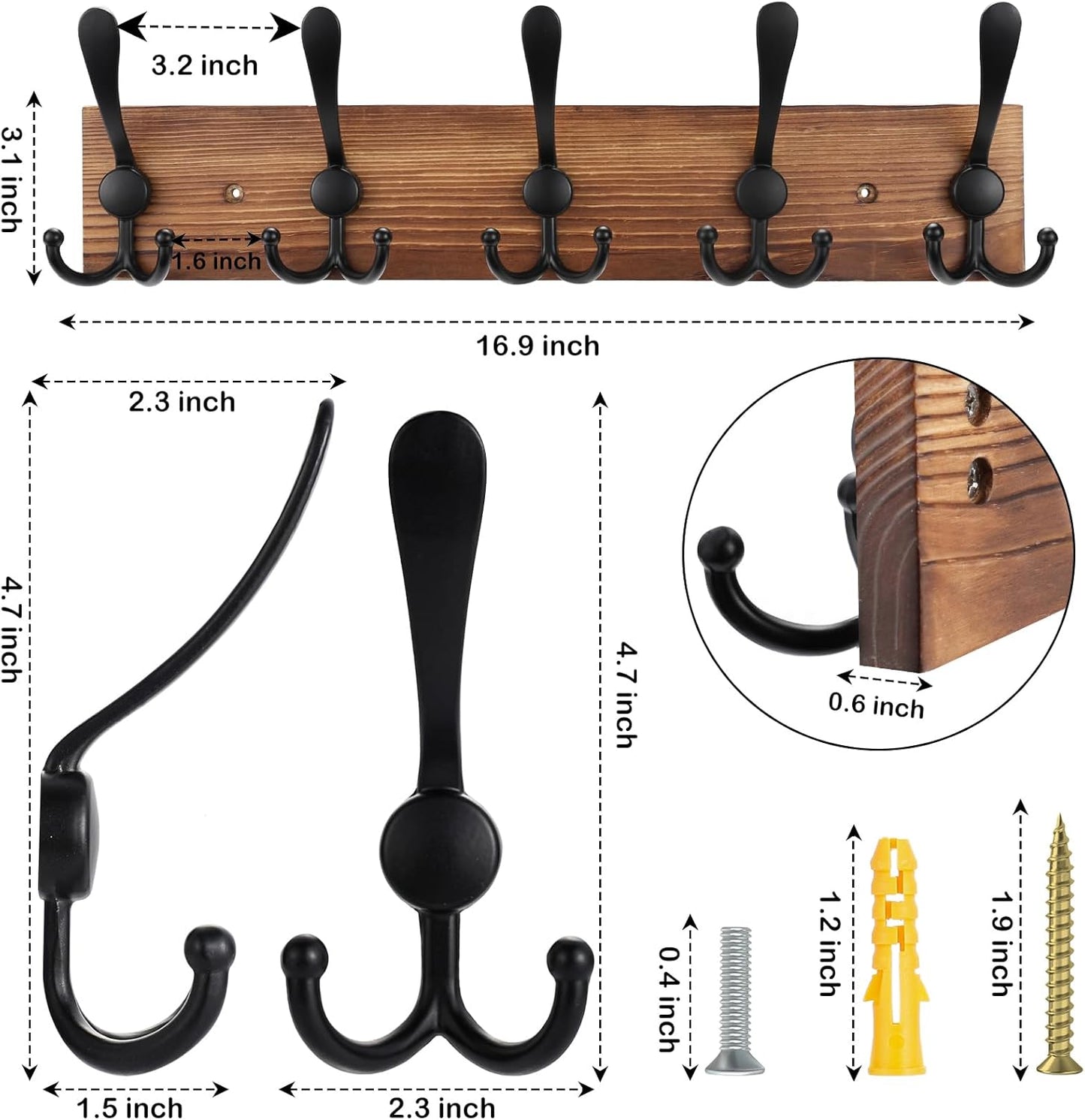 2pcs Coat Rack Wall Mount Wooden Hat Rack for Wall Hooks Pine Real Wood Plank 16.9" Brown Coat Hanger with 5 Triple Hooks for Hanging Coat Hat Jacket