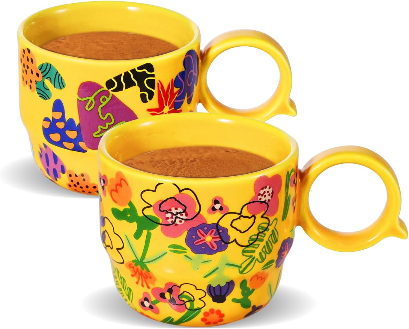 Ceramic Mini Espresso Cups Set of 2 – 3 oz Double Espresso Coffee Cups with Q Handle, Yellolw Floral and fruit Pattern, Small Espresso Shot Cups for Home Coffee Bar,Lungo